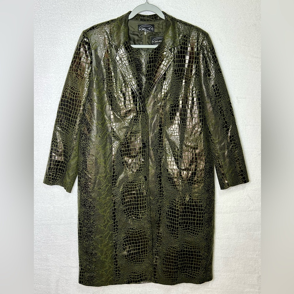 Selene Sport Vintage Olive Green Faux Alligator Skin Long Jacket Blazer & Dress.